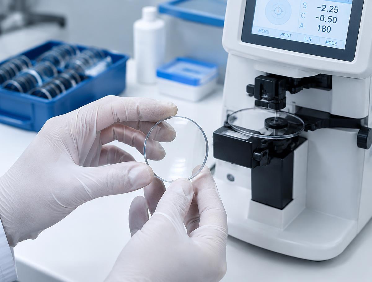 Técnico revisando un lente en el laboratorio